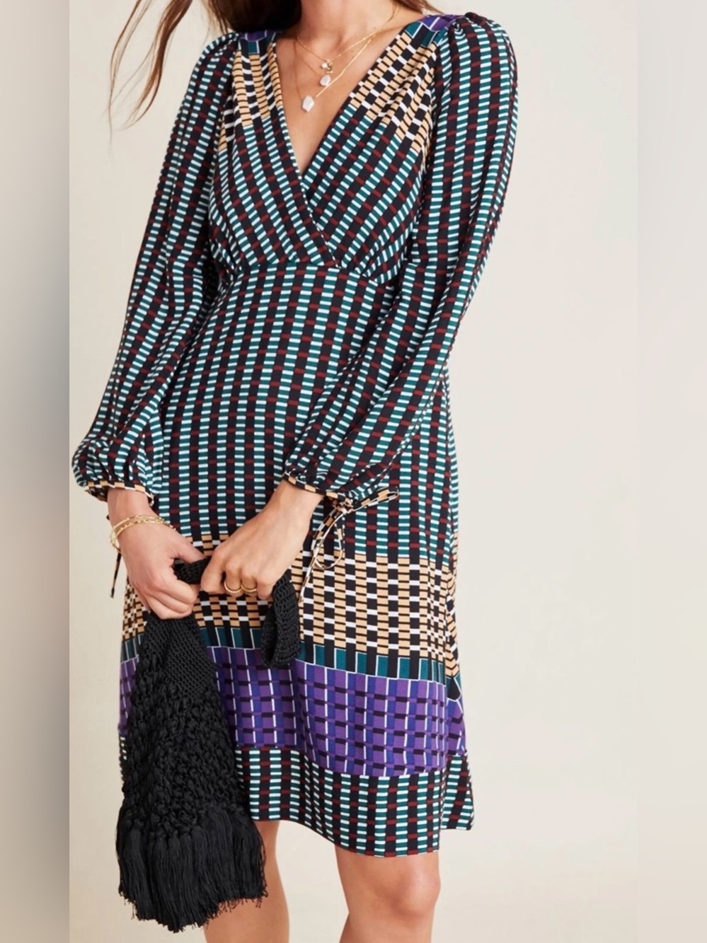 Anthropologie Multi-Color Geometric V-Neck Midi Dress